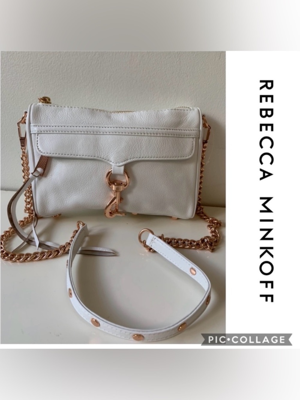 Rebecca Minkoff White Leather Crossbody with Rose Gold Chain